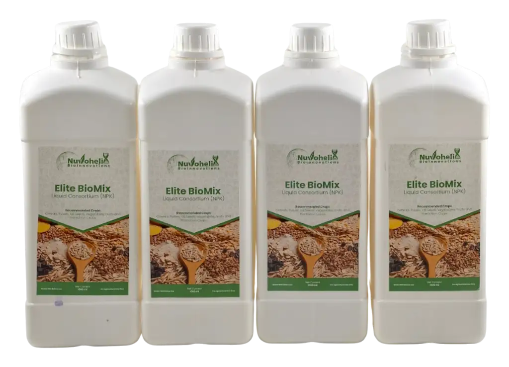 Elite BioMix biofertilizer bottles by Nuvohelix