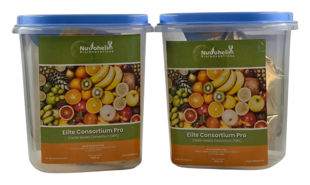 Elite Consortium Pro biofertilizer bottles by Nuvohelix