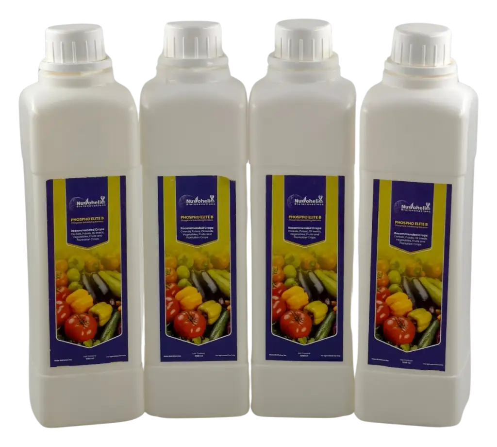 Phospho Elite B biofertilizer bottles by Nuvohelix