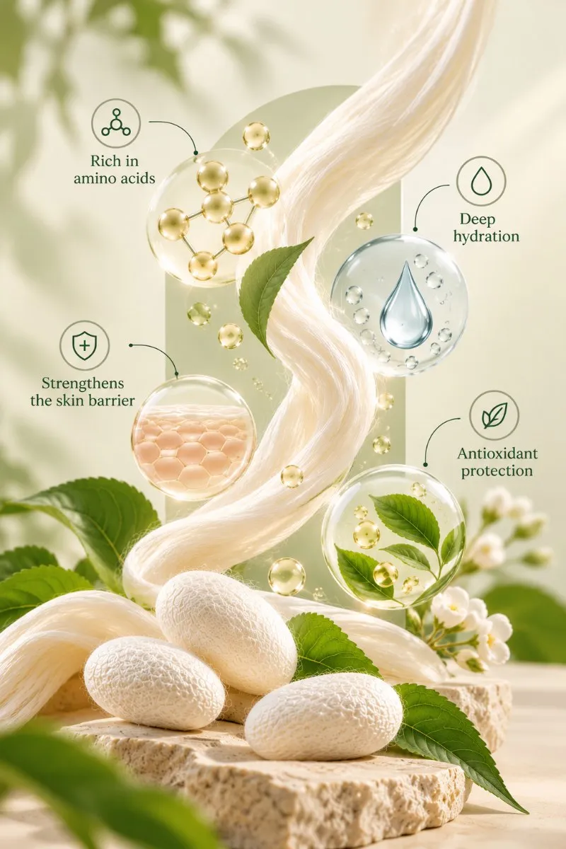 Silk protein benefits: rich in amino acids, deep hydration, strengthens the skin barrier, antioxidant protection