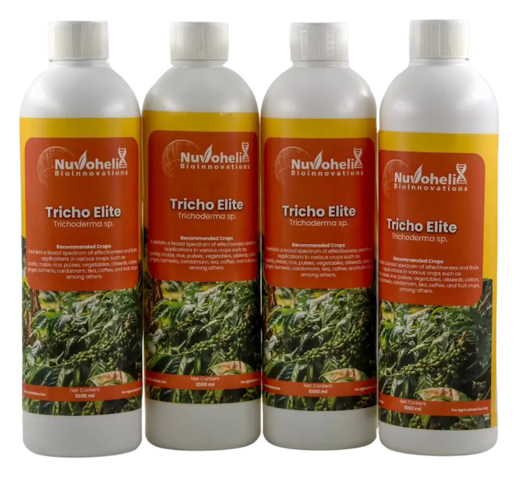 TrichoPhospho Elite biofertilizer bottles by Nuvohelix